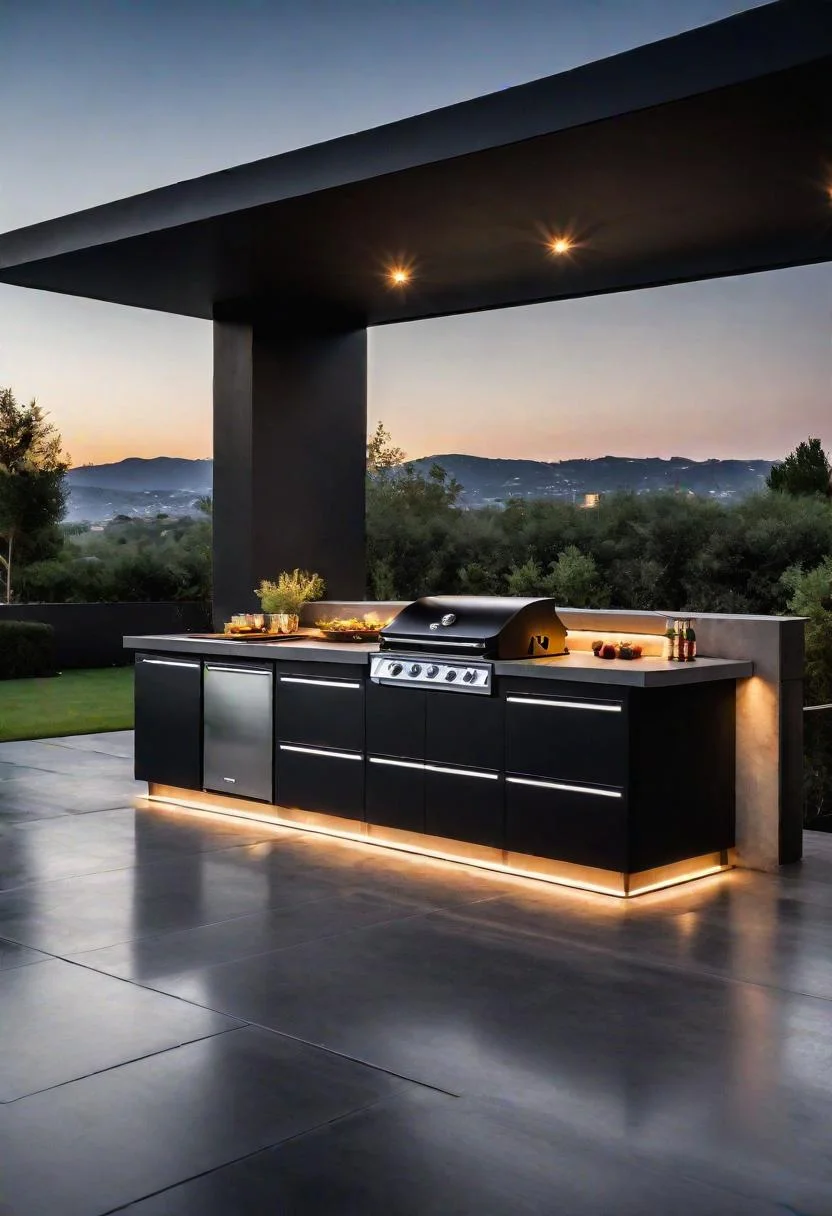 39 Stunning Outdoor Kitchen Ideas: With Style and Functionality 5 4. Sleek Black LED Outdoor Kitchen-0