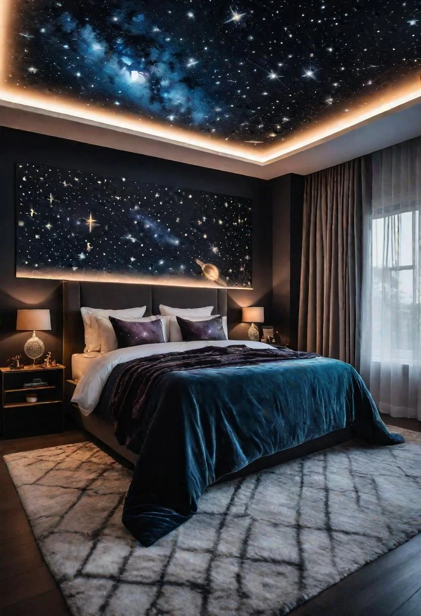 22 Enchanting Dark Feminine Bedroom Ideas to Inspire You 24 7. Starry Night Sanctuary Decor-0