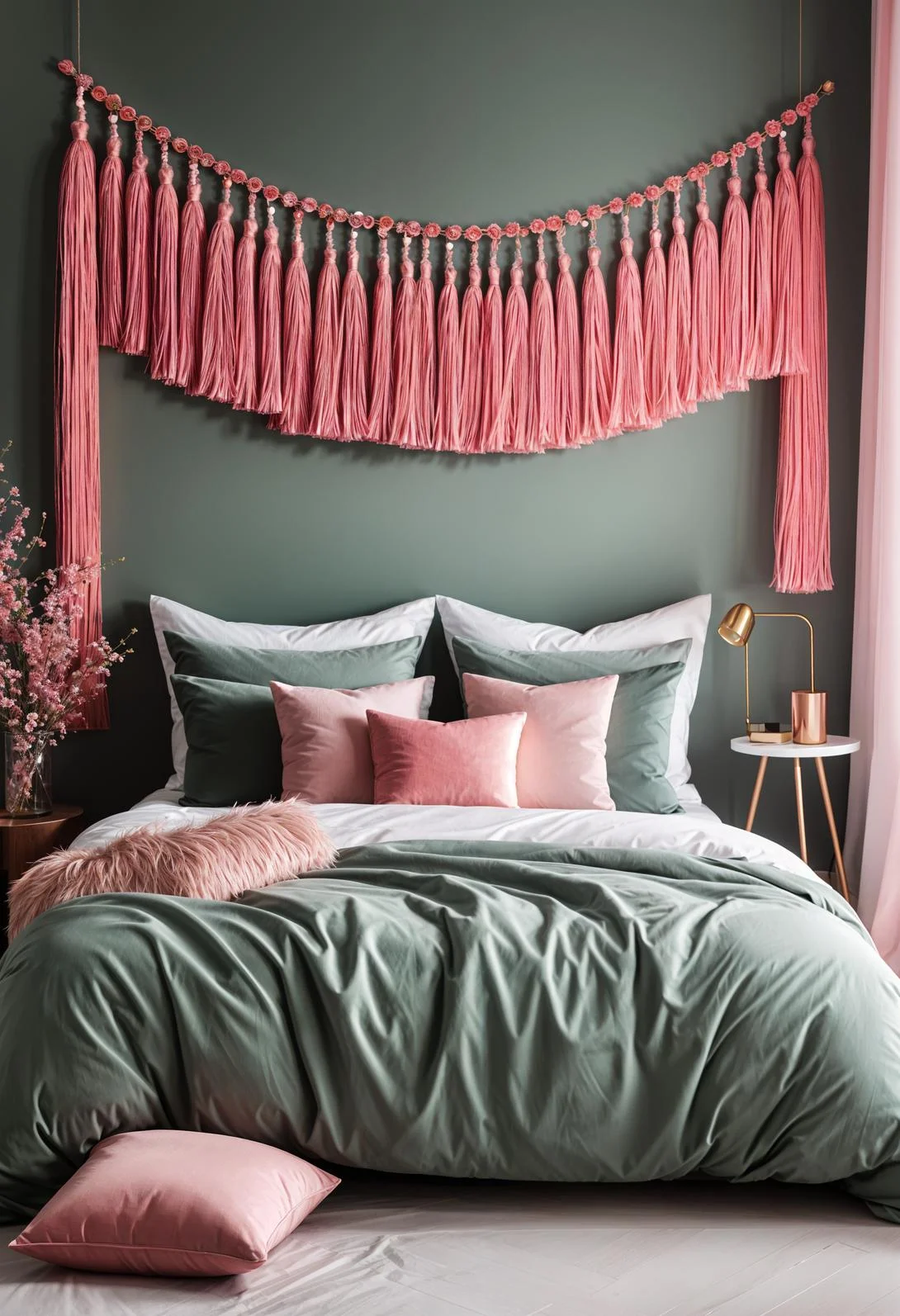 31 Chic Sage Green and Pink Bedroom Inspirations 28 19. Tassel Garland Bedroom Decor-0