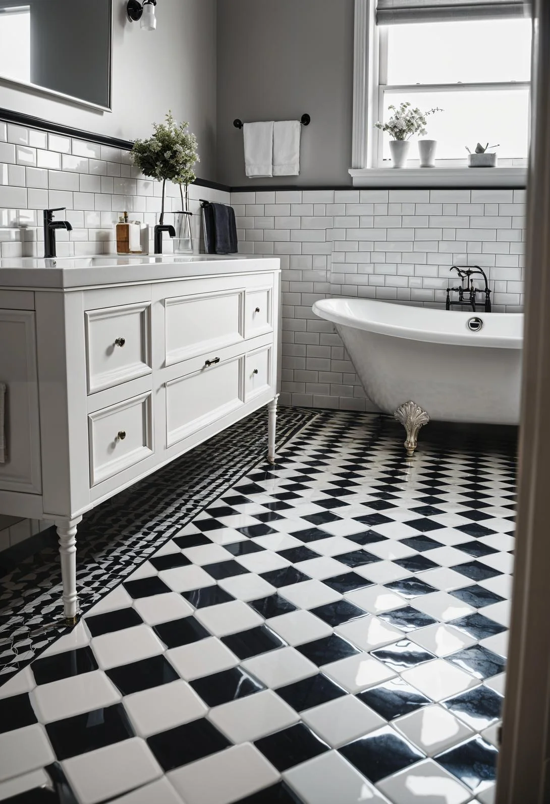 19 Stunning Black and White Bathroom Designs to Inspire You 9 8. Timeless Checkered Bathroom Flooring-0