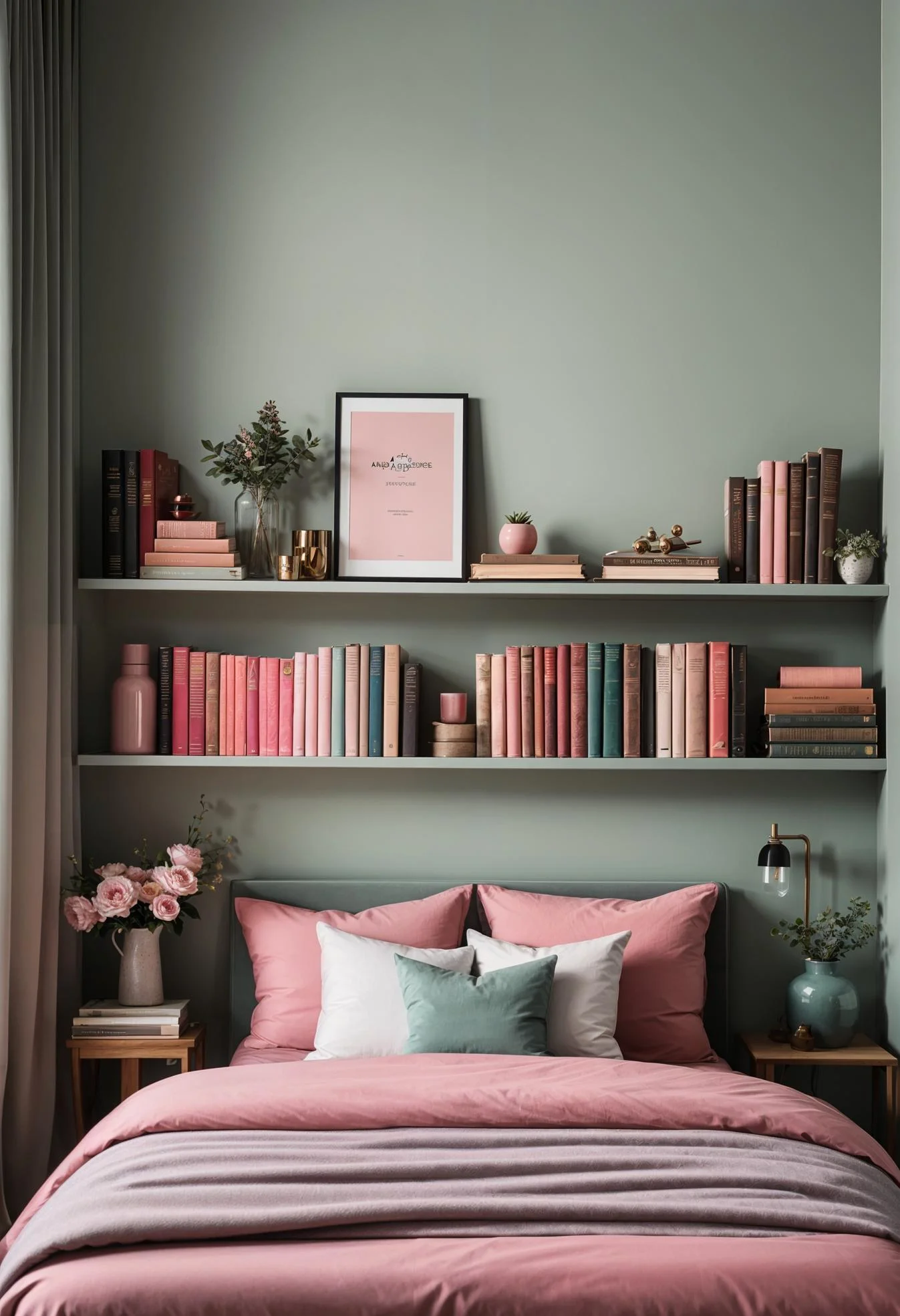31 Chic Sage Green and Pink Bedroom Inspirations 25 16. Vintage Books Decor in Sage & Pink-0