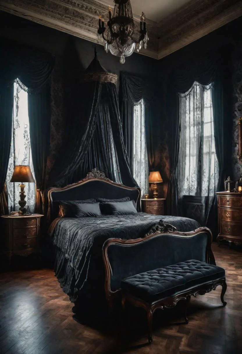 22 Enchanting Dark Feminine Bedroom Ideas to Inspire You 51 14. Vintage Gothic Bedroom Decor-0