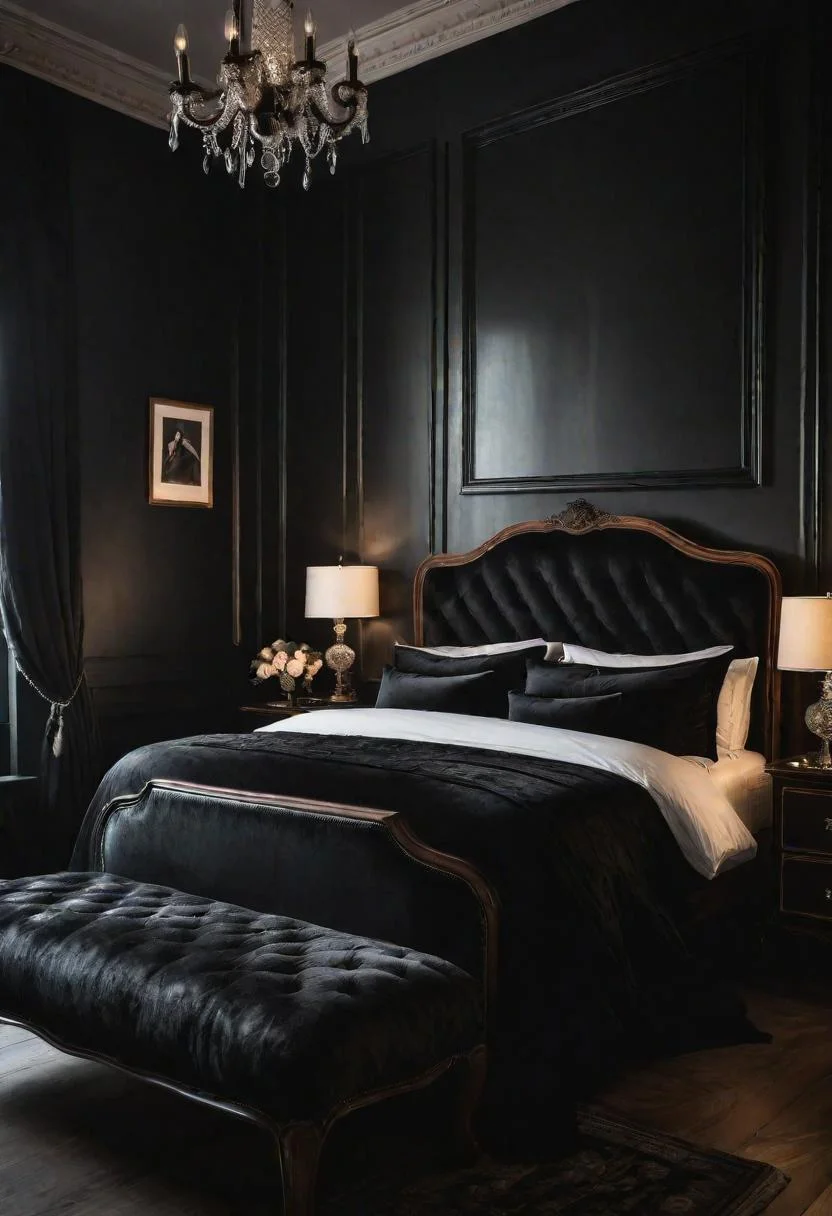 22 Enchanting Dark Feminine Bedroom Ideas to Inspire You 13 4. Vintage Hollywood-inspired Bedroom Retreat-0