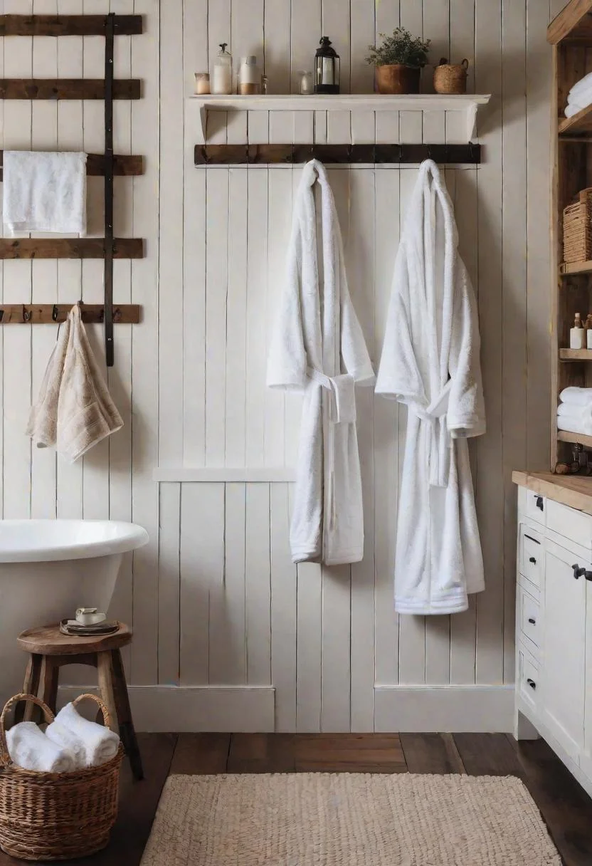 24 Chic Farmhouse Bathroom Designs for Cozy Living 23 9. Vintage Hooks on White Shiplap-0