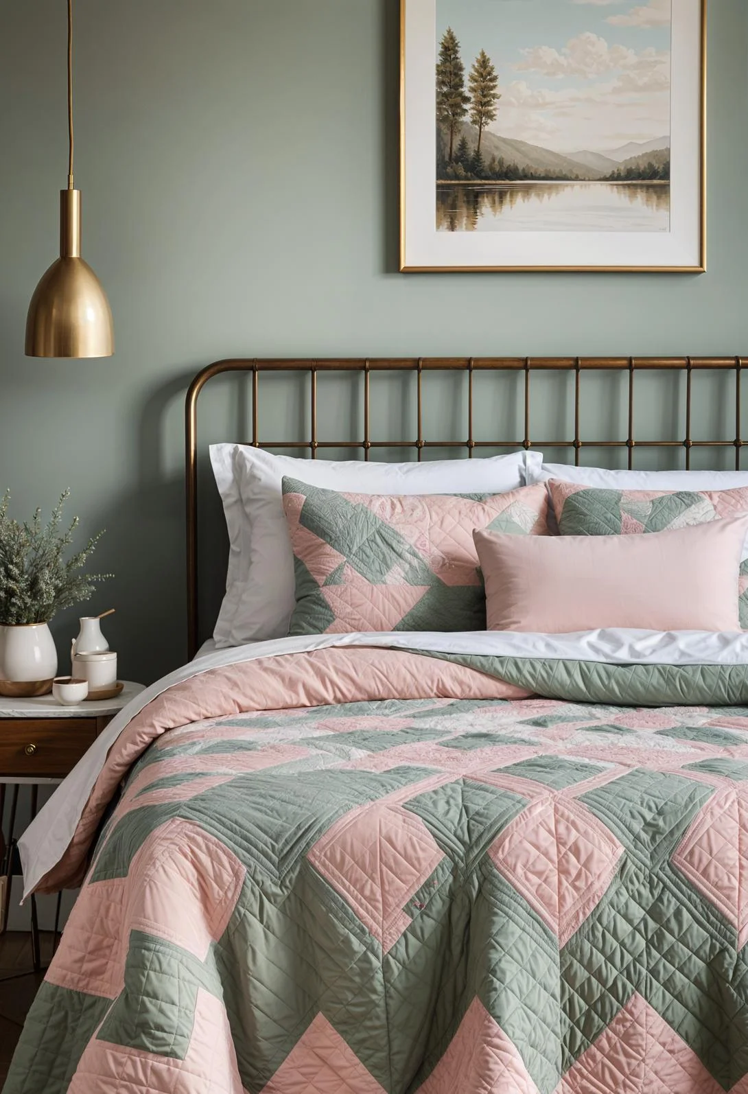 31 Chic Sage Green and Pink Bedroom Inspirations 12 6. Vintage Quilt Bedding Inspiration-0