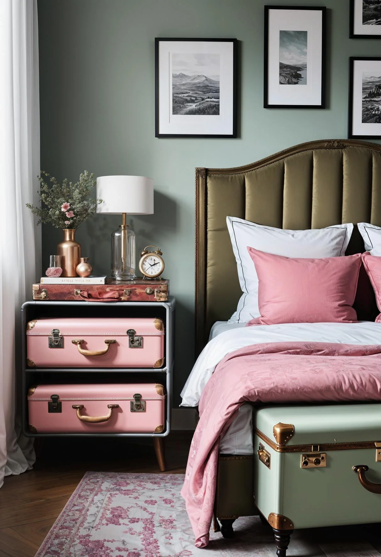 31 Chic Sage Green and Pink Bedroom Inspirations 44 29. Vintage Suitcase Nightstands Makeover-0