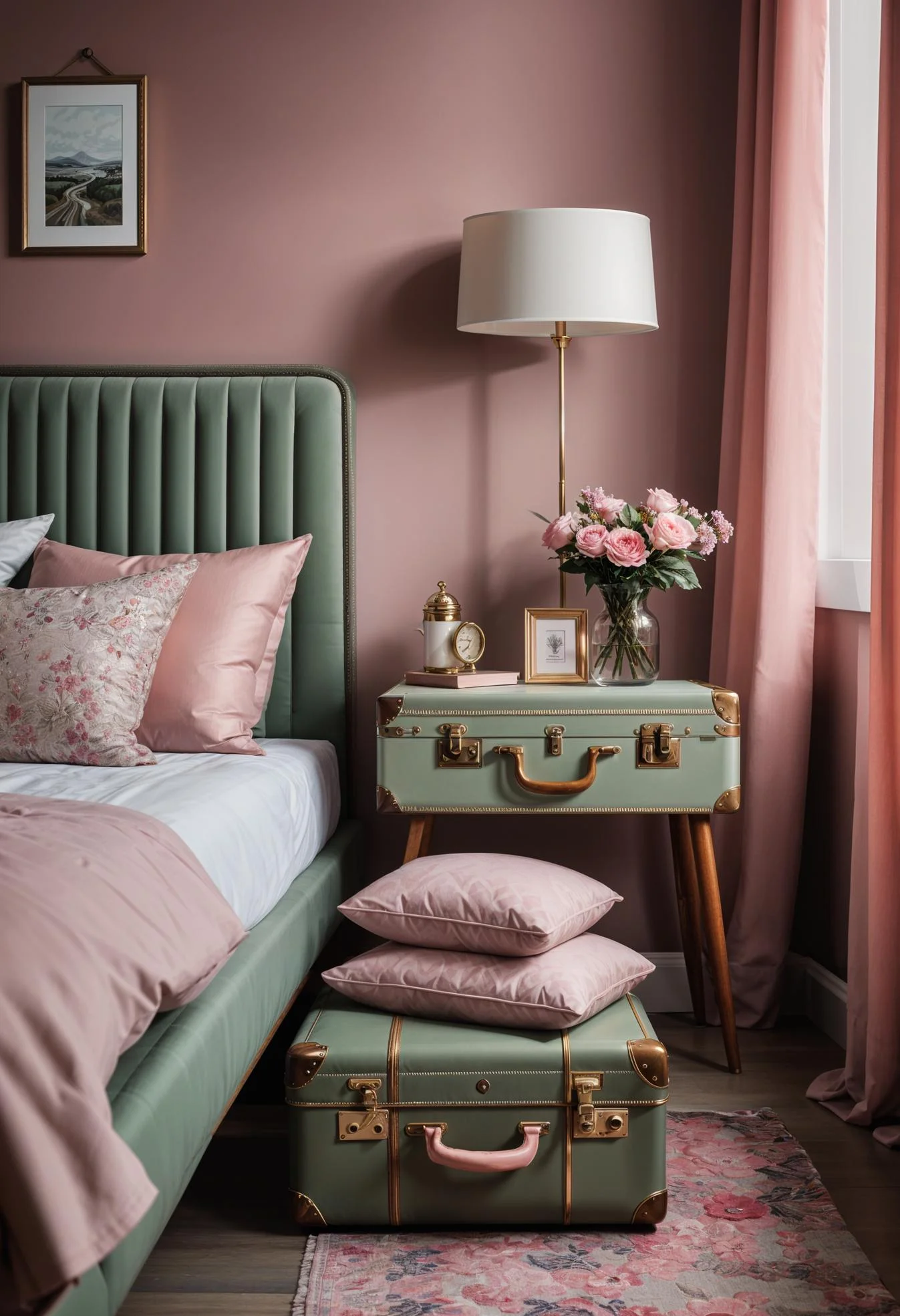 31 Chic Sage Green and Pink Bedroom Inspirations 45 29. Vintage Suitcase Nightstands Makeover-1
