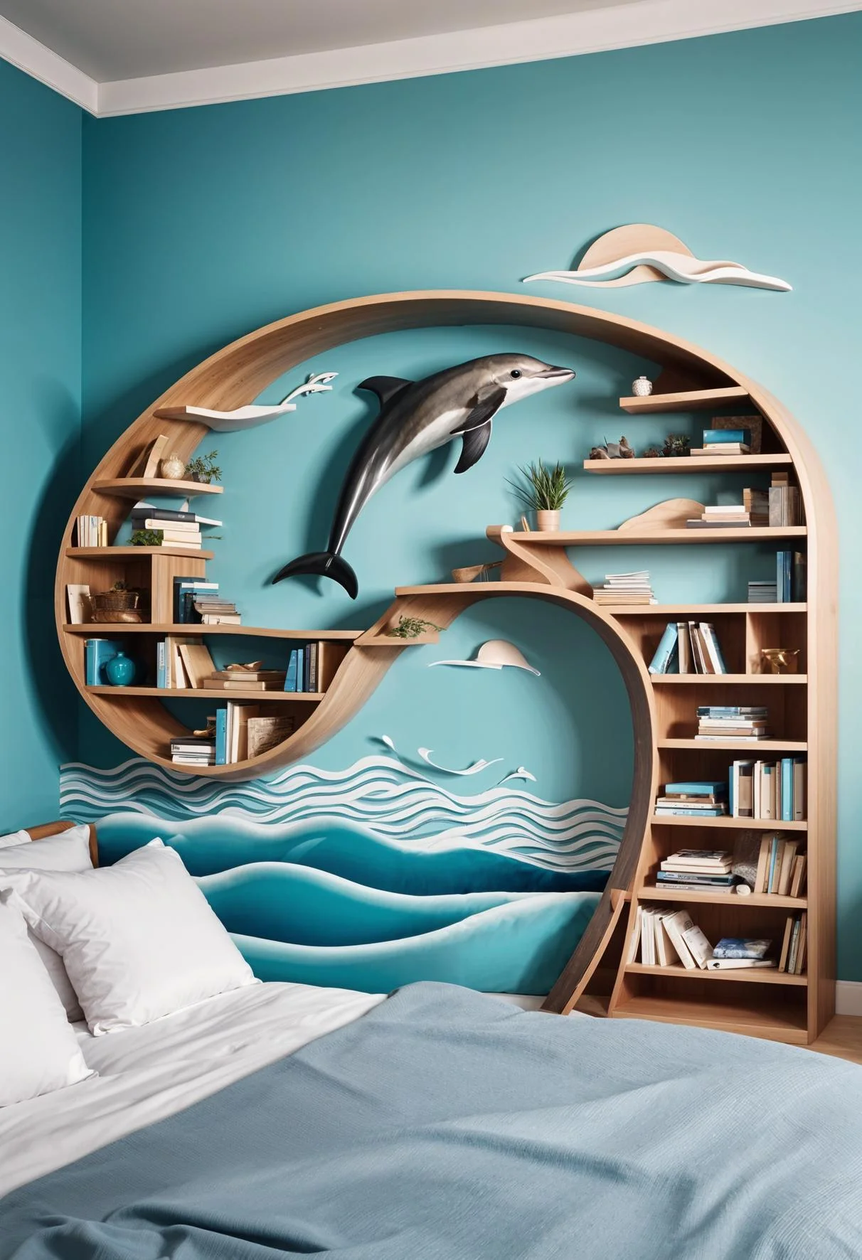 1. Whimsical Dolphin Wave Bookshelf Design-0