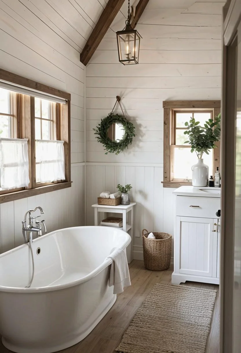 24 Chic Farmhouse Bathroom Designs for Cozy Living 33 15. Whitewashed Wood Ceiling Inspiration-0