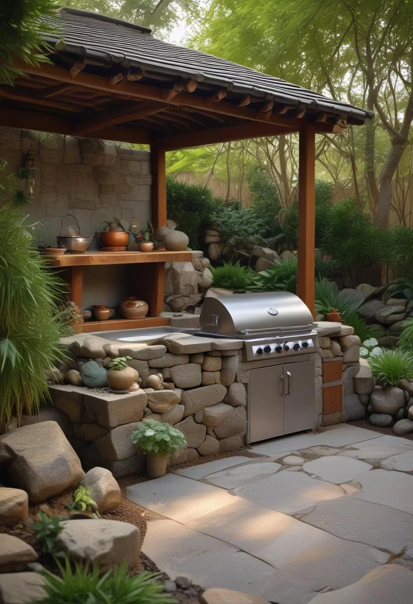 39 Stunning Outdoor Kitchen Ideas: With Style and Functionality 12 10. Zen Garden Kitchen with Koi-0