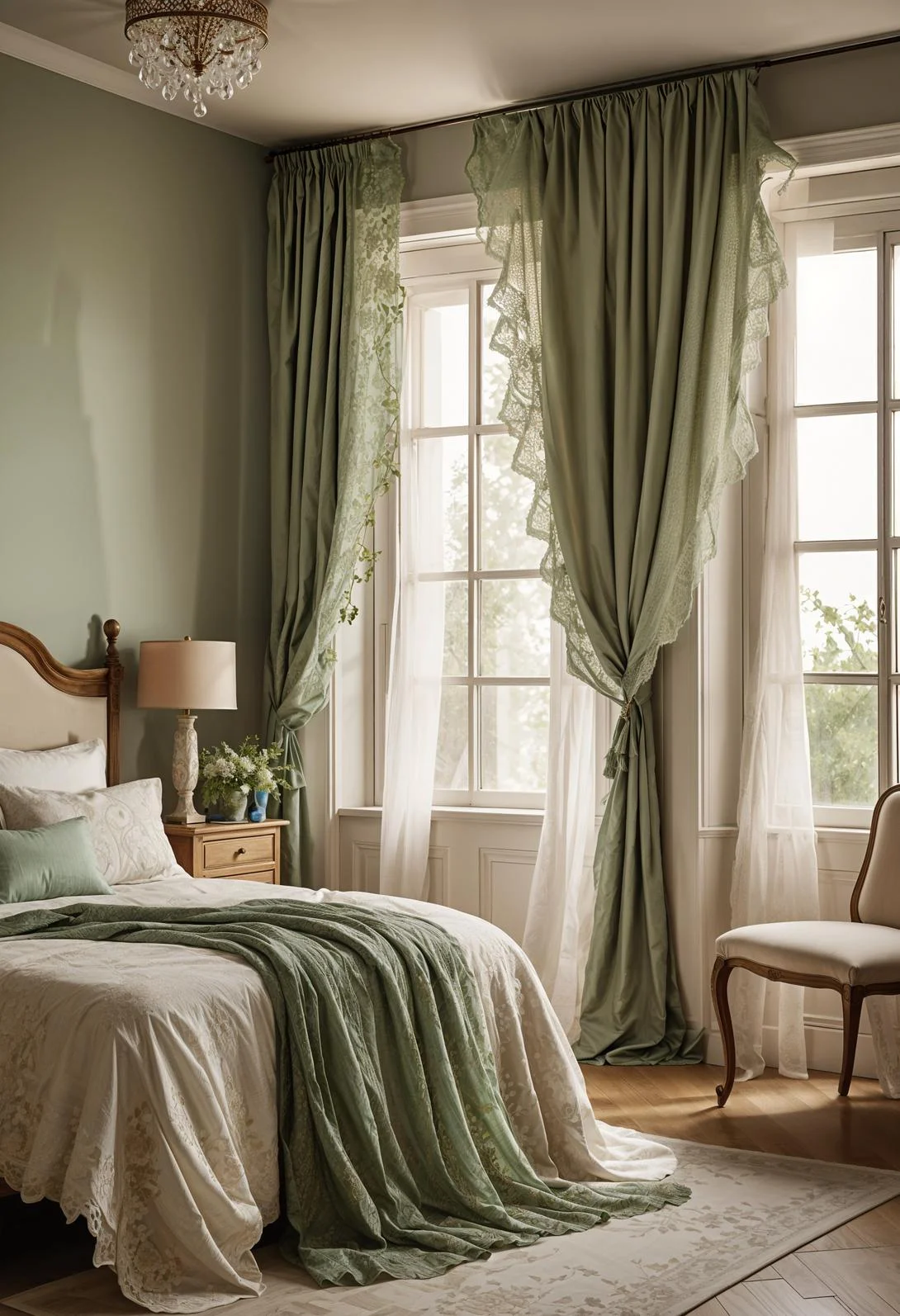 17. Sage Green Lace Curtain Pair-0