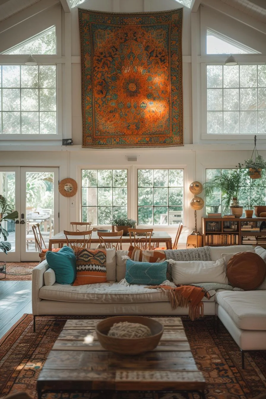 19 Gorgeous Boho Mid-Century Modern Living Room 52 18. Boho Textile Art Showcase-0