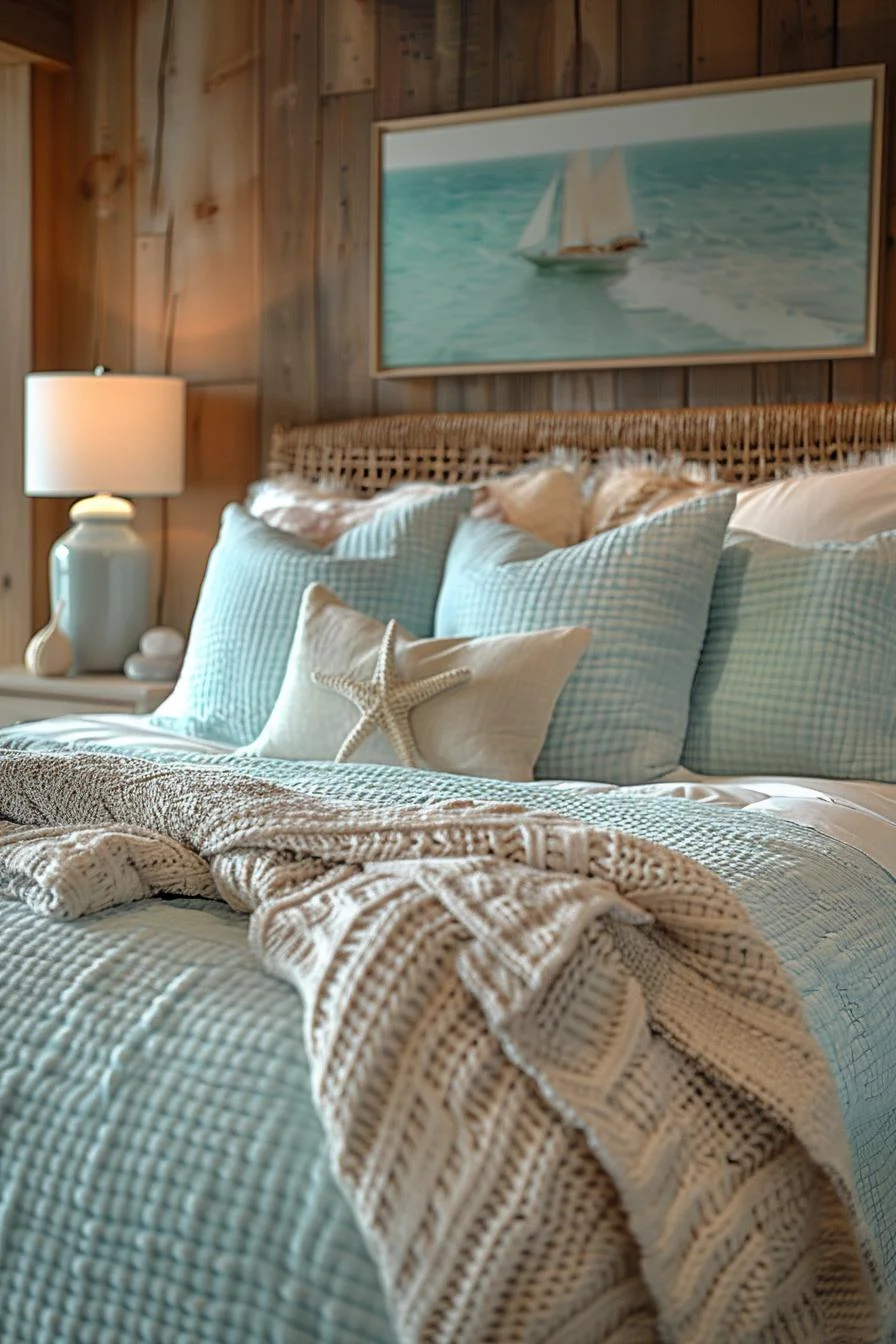 21 Modern Coastal Bedroom Ideas for a Relaxing Retreat 12 5. Coastal Bedding in Aqua & Sand-1