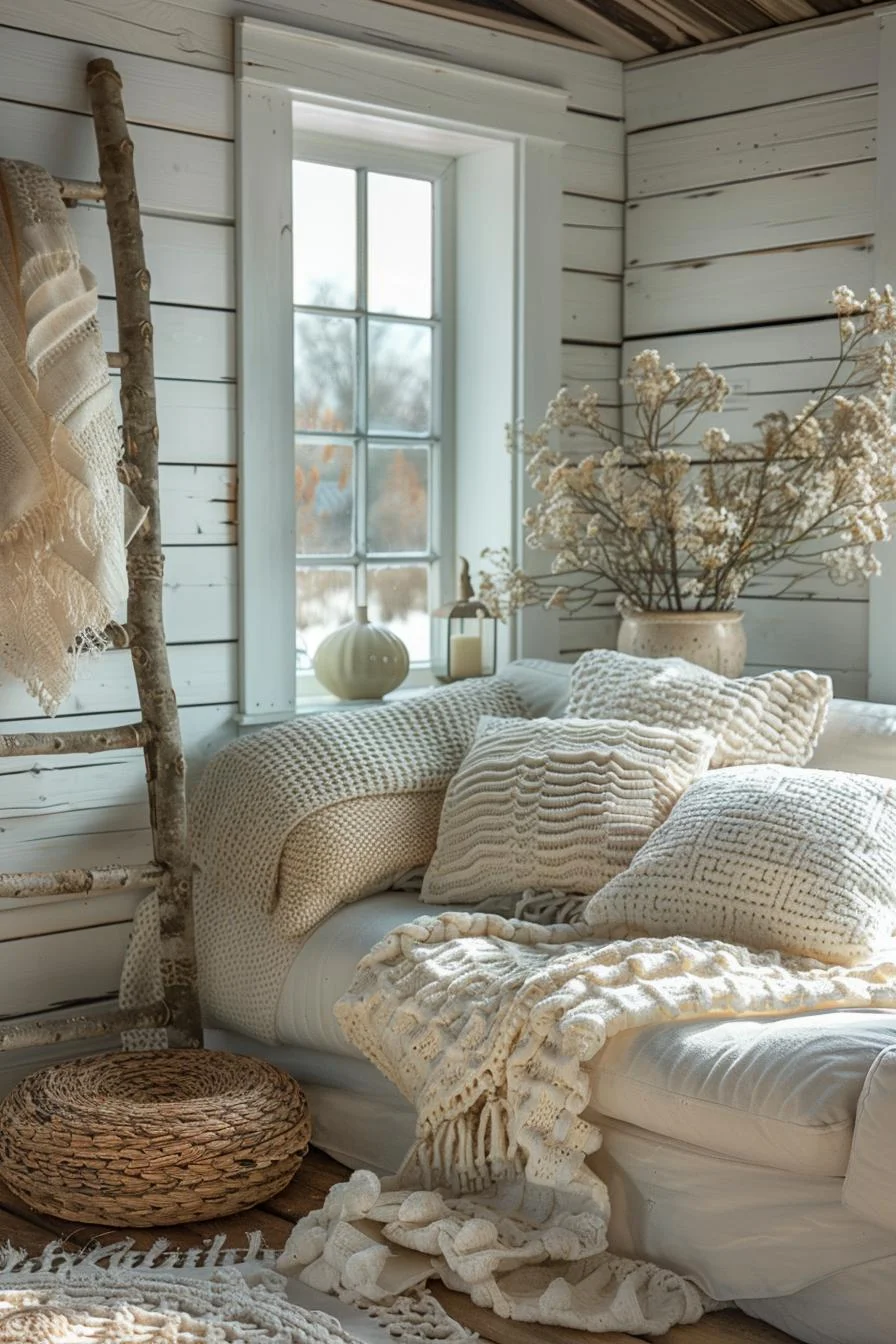 15 Stunning Boho Coastal Living Room Ideas for a Beachy Home 59 11. Coastal Decorative Ladder and Throws-1