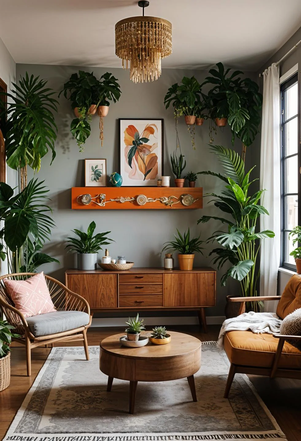 19 Gorgeous Boho Mid-Century Modern Living Room 13 4. Eclectic Plant Displays in Living Room-2