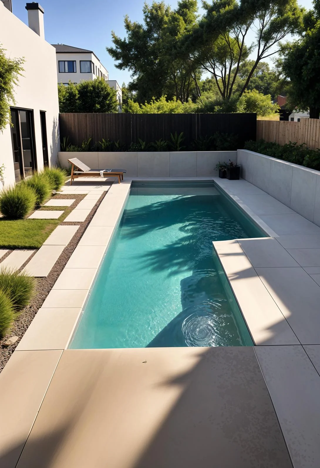 21 Stunning Small Pool Design Ideas for Tiny backyards 11 2. Modern Glass-Fenced Lap Pool-2