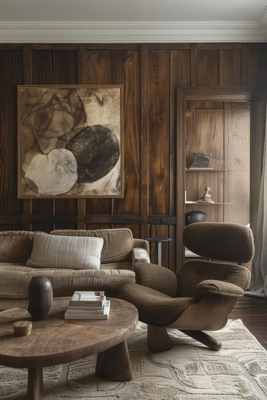 15 Best Moody Mid Century Modern Living Room Ideas 8 2. Moody Art Gallery Accent Wall-0