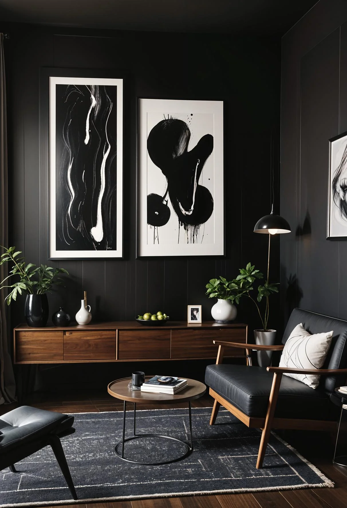 15 Best Moody Mid Century Modern Living Room Ideas 13 2. Moody Art Gallery Accent Wall-3