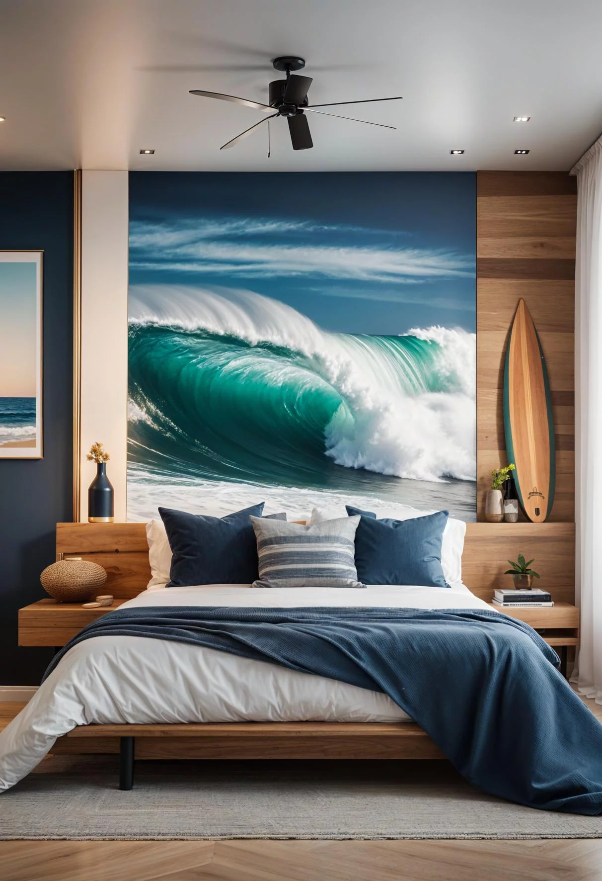 21 Modern Coastal Bedroom Ideas for a Relaxing Retreat 49 19. Seaside Surfboard Wall Accents-1