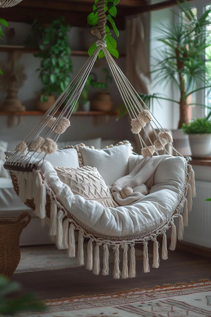 15 Stunning Boho Coastal Living Room Ideas for a Beachy Home 73 14. Tasseled Hammock Retreats-1