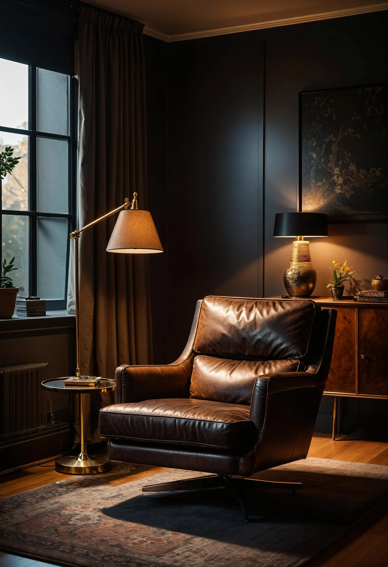 15 Best Moody Mid Century Modern Living Room Ideas 3 1. Vintage Reading Nook Vibes-1
