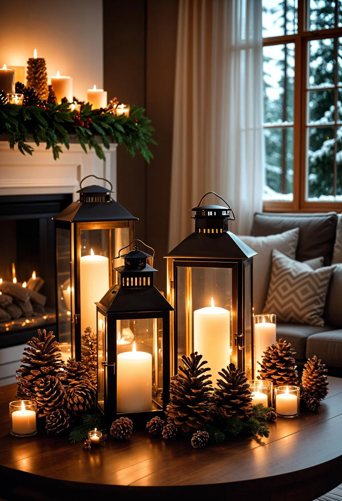 15 Unique Christmas Decor Ideas for Your Living Room 39 8. Cozy Candlelit Holiday Lantern Display-1