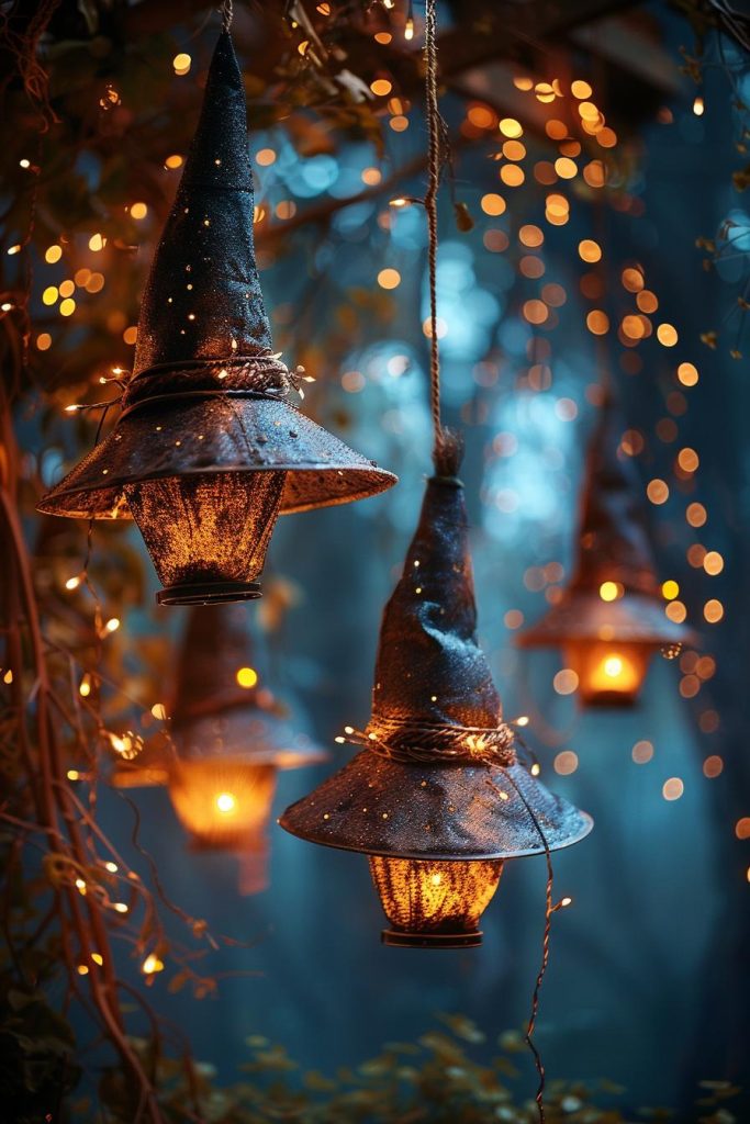 15 Spooky DIY Halloween Decorations You Must See 18 4. Enchanting Witch Hat Fairy Lights-0