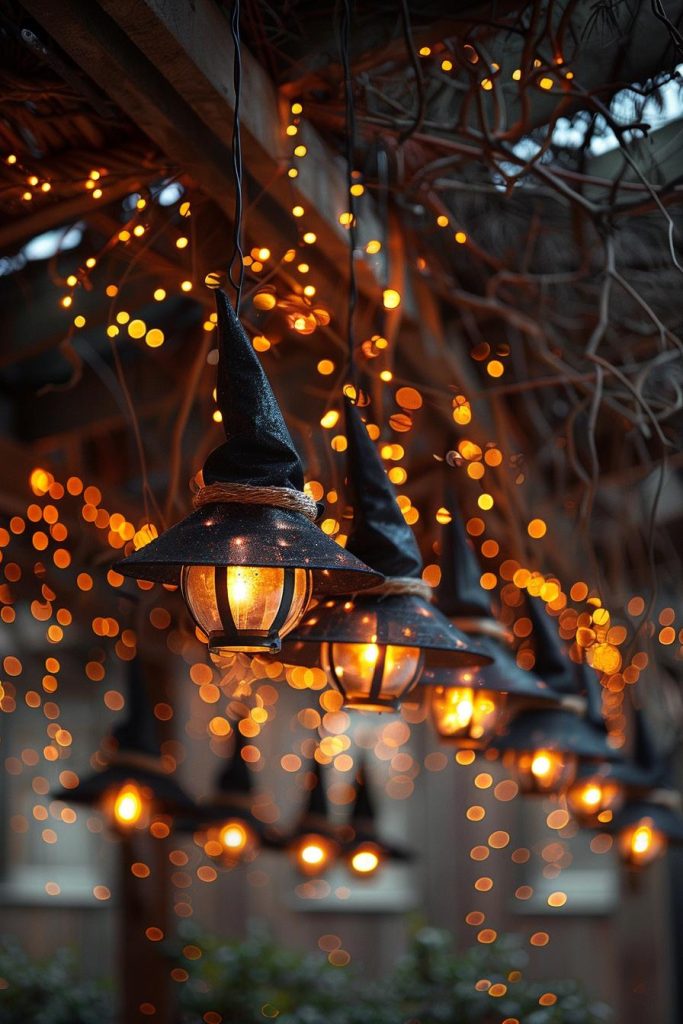 15 Spooky DIY Halloween Decorations You Must See 19 4. Enchanting Witch Hat Fairy Lights-1