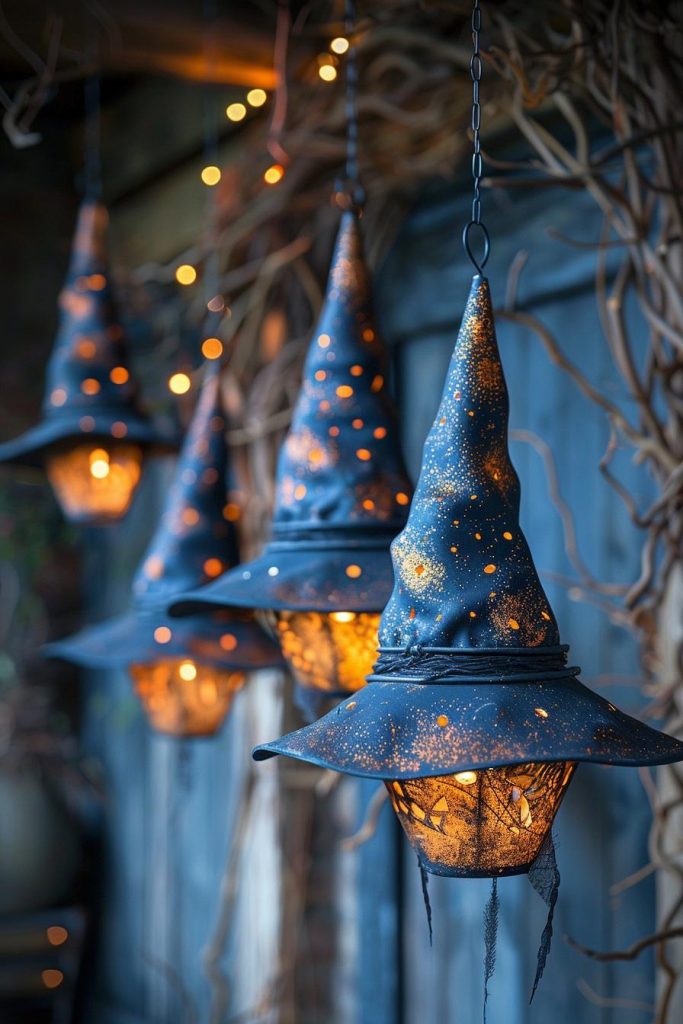 15 Spooky DIY Halloween Decorations You Must See 20 4. Enchanting Witch Hat Fairy Lights-2