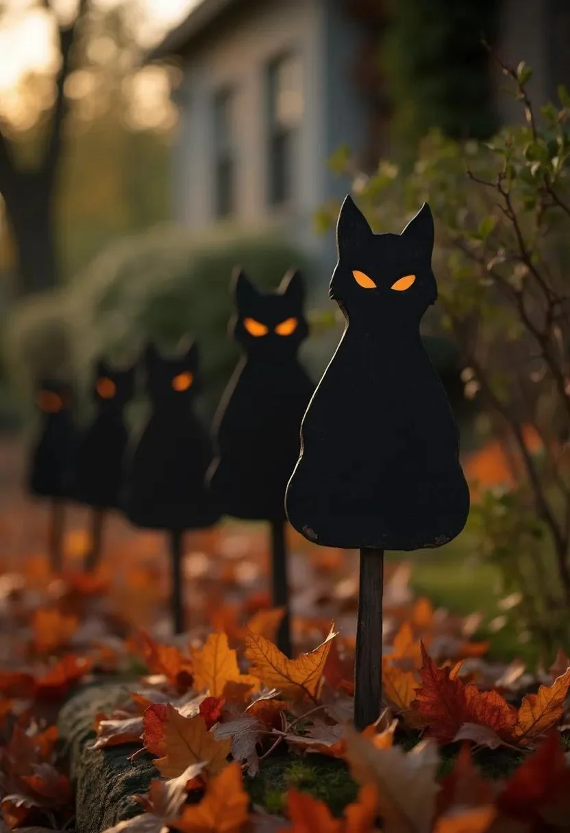 15 Easy DIY Outdoor Halloween Decorations to Try 11 3. Feline-Centric Yard Stakes-0