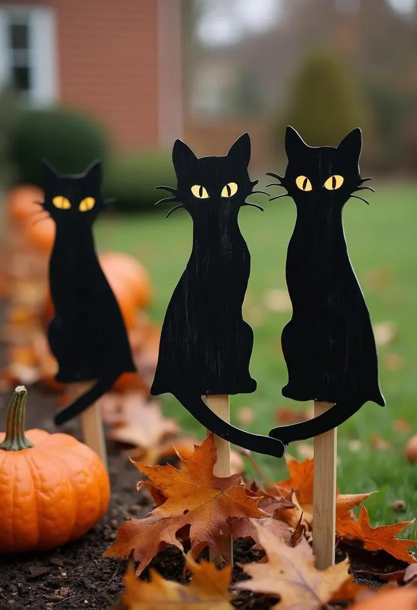 15 Easy DIY Outdoor Halloween Decorations to Try 13 3. Feline-Centric Yard Stakes-1