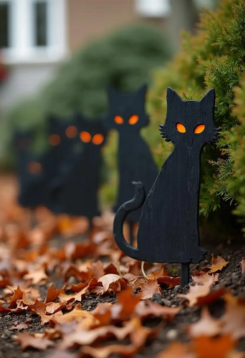 15 Easy DIY Outdoor Halloween Decorations to Try 14 3. Feline-Centric Yard Stakes-2