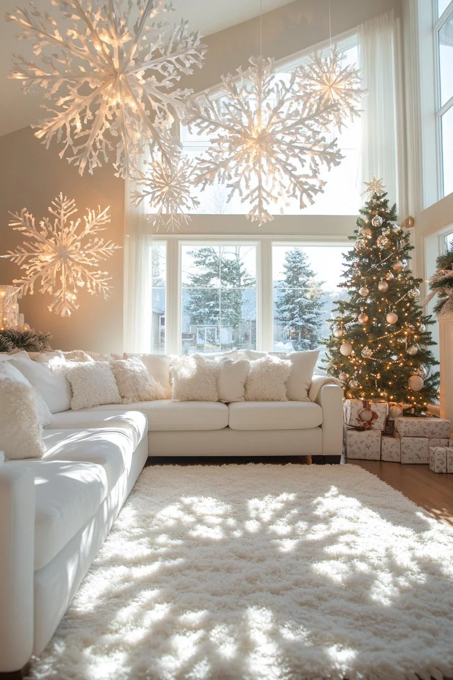 15 Unique Christmas Decor Ideas for Your Living Room 65 13. Festive Snowflake Ceiling Décor-0