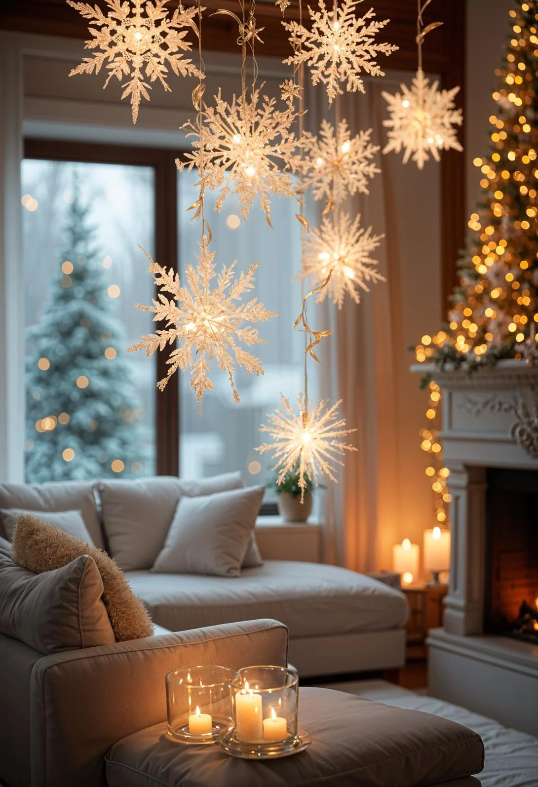 15 Unique Christmas Decor Ideas for Your Living Room 66 13. Festive Snowflake Ceiling Décor-1