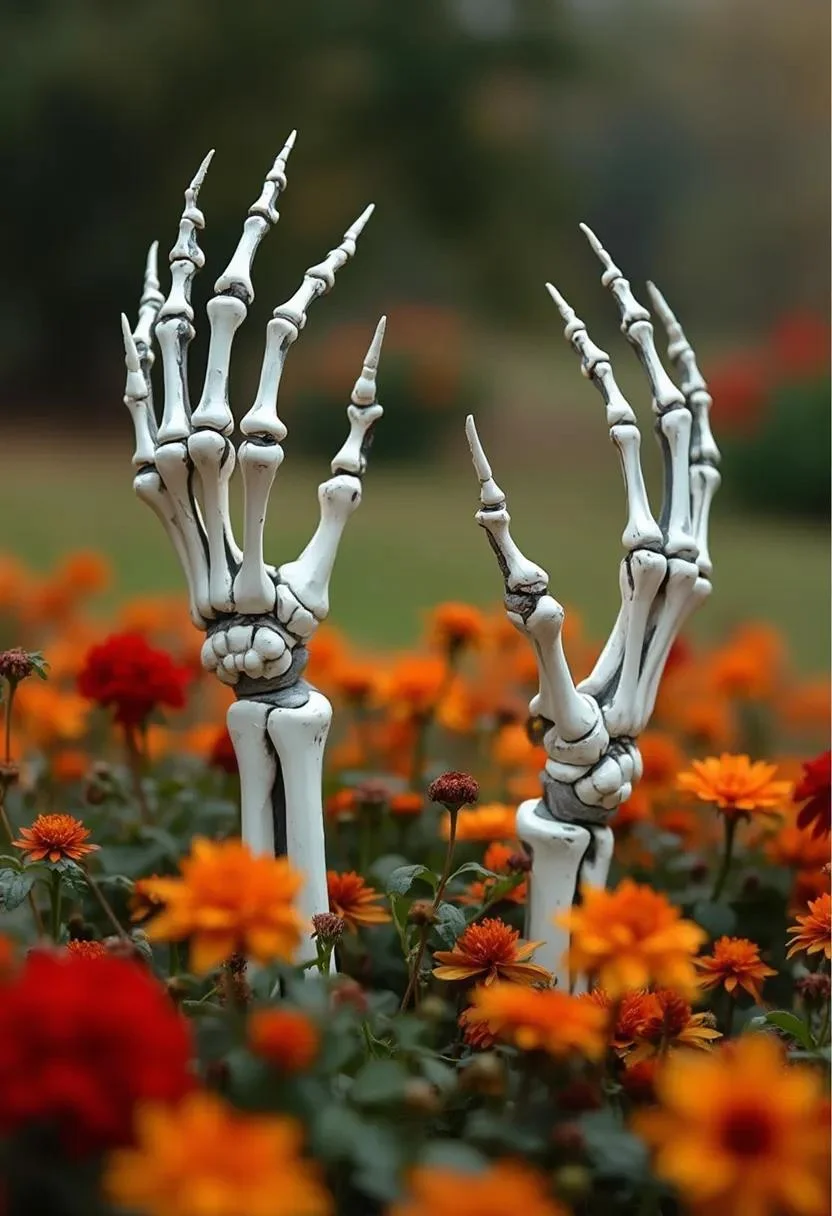 15 Easy DIY Outdoor Halloween Decorations to Try 20 5. Ghoulish Garden Skeleton Hands Display-0