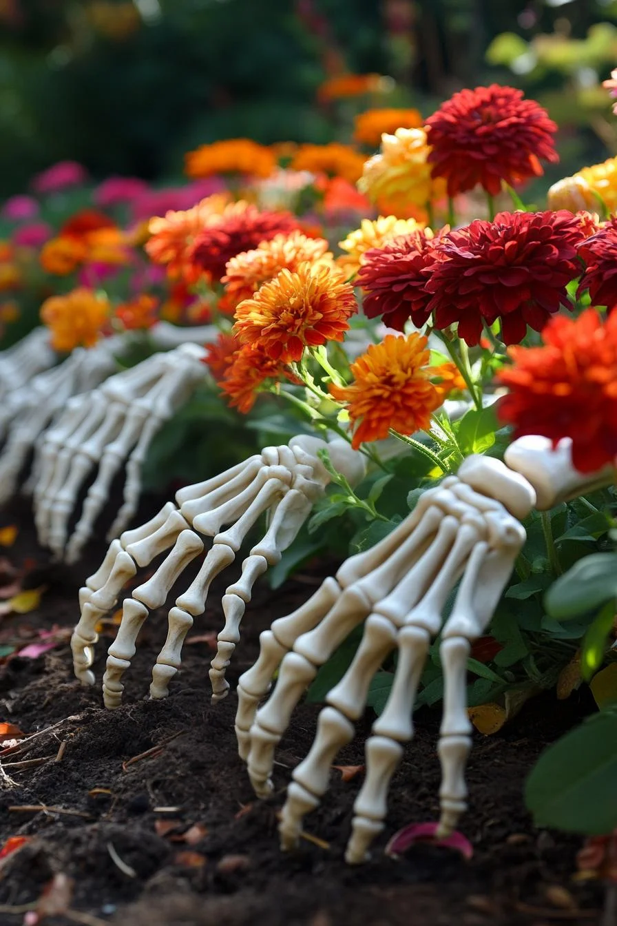 15 Easy DIY Outdoor Halloween Decorations to Try 22 5. Ghoulish Garden Skeleton Hands Display-1