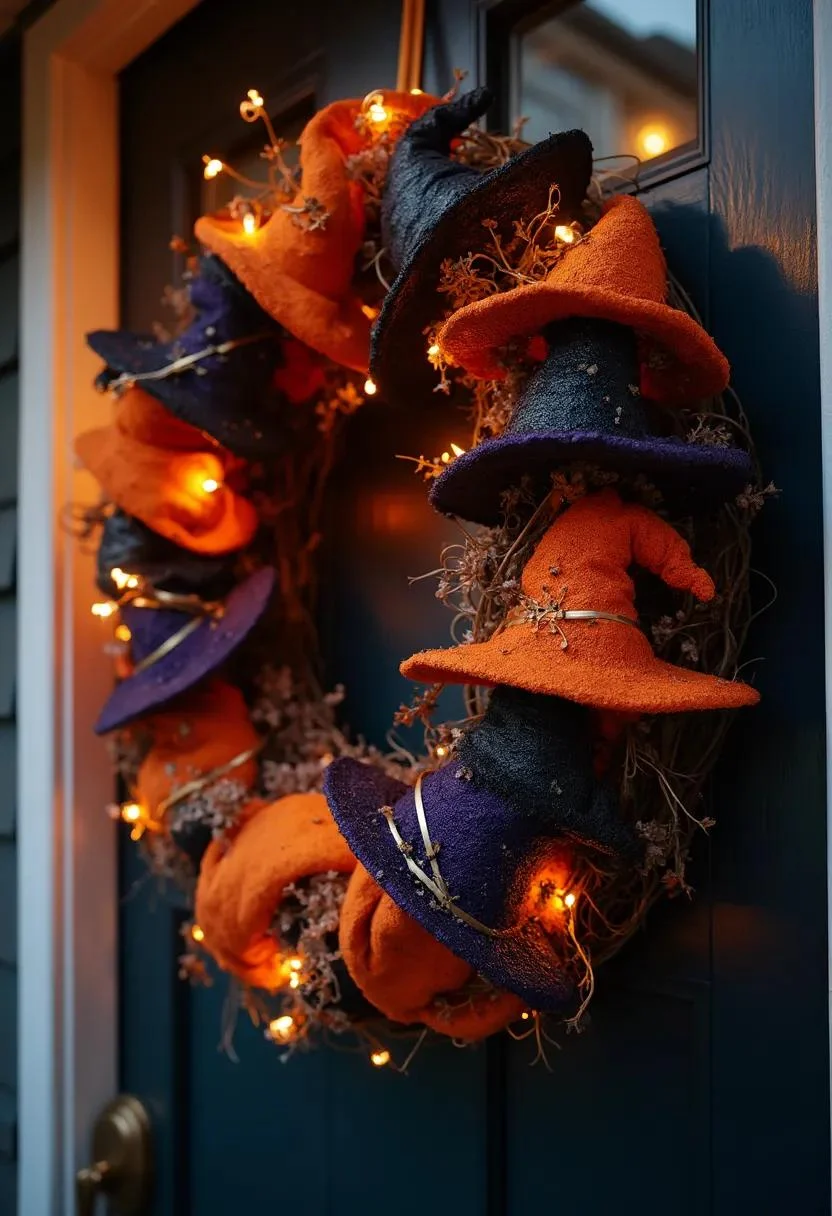 15 Easy DIY Outdoor Halloween Decorations to Try 23 6. Mini Witch Hat Wreath Ideas-0