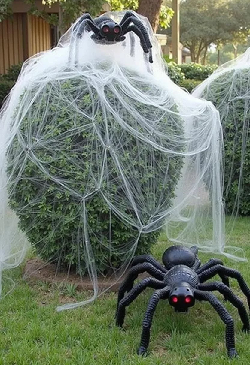 15 Easy DIY Outdoor Halloween Decorations to Try 38 9. Spooky Bush Spider Web Display-1