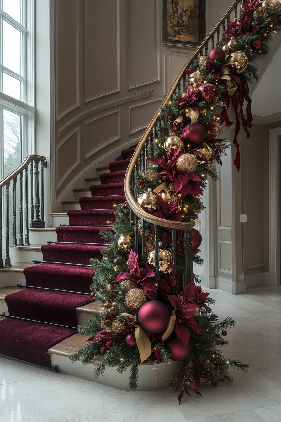 15 Unique Christmas Decor Ideas for Your Living Room 28 6. Staircase Garland with Oversized Ornaments-1