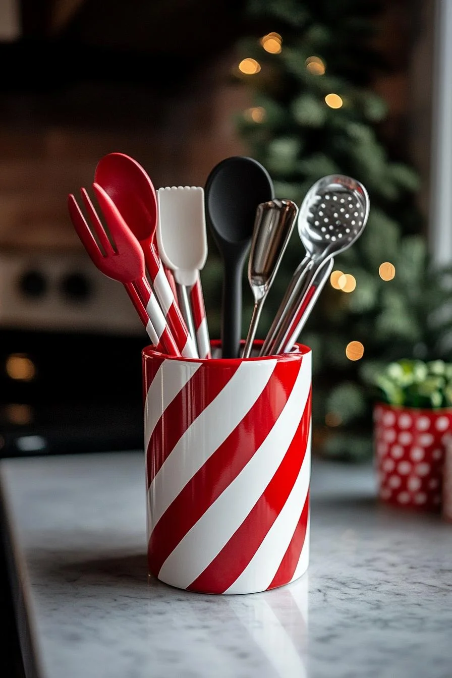 21 Gorgeous Kitchen Christmas Decor Ideas To Copy 41 9. DIY Candy Cane Utensil Holder-0