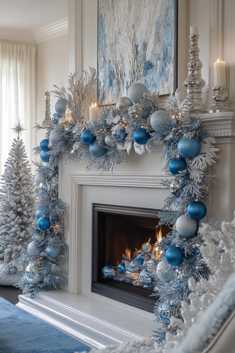 10. Elegant Blue Christmas Mantelpiece Decor-1