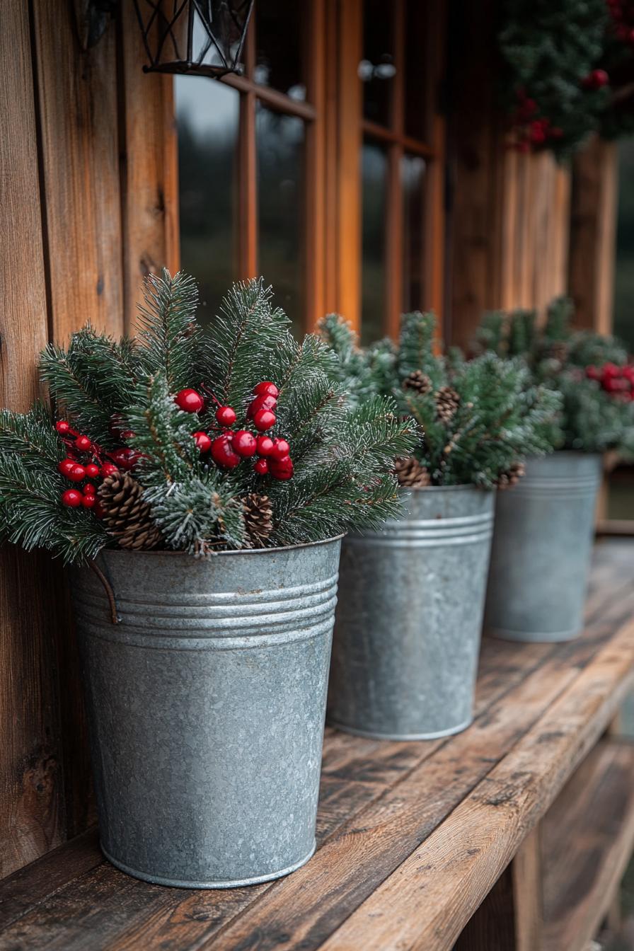 22. Evergreen-filled Galvanized Metal Buckets-0