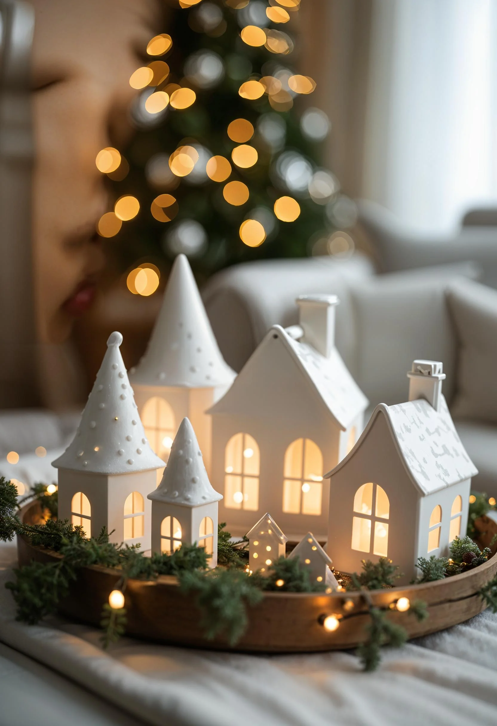 18 Unique Coffee Table Christmas Decor Ideas (EASY) 11 3. Festive Ceramic House Display-1