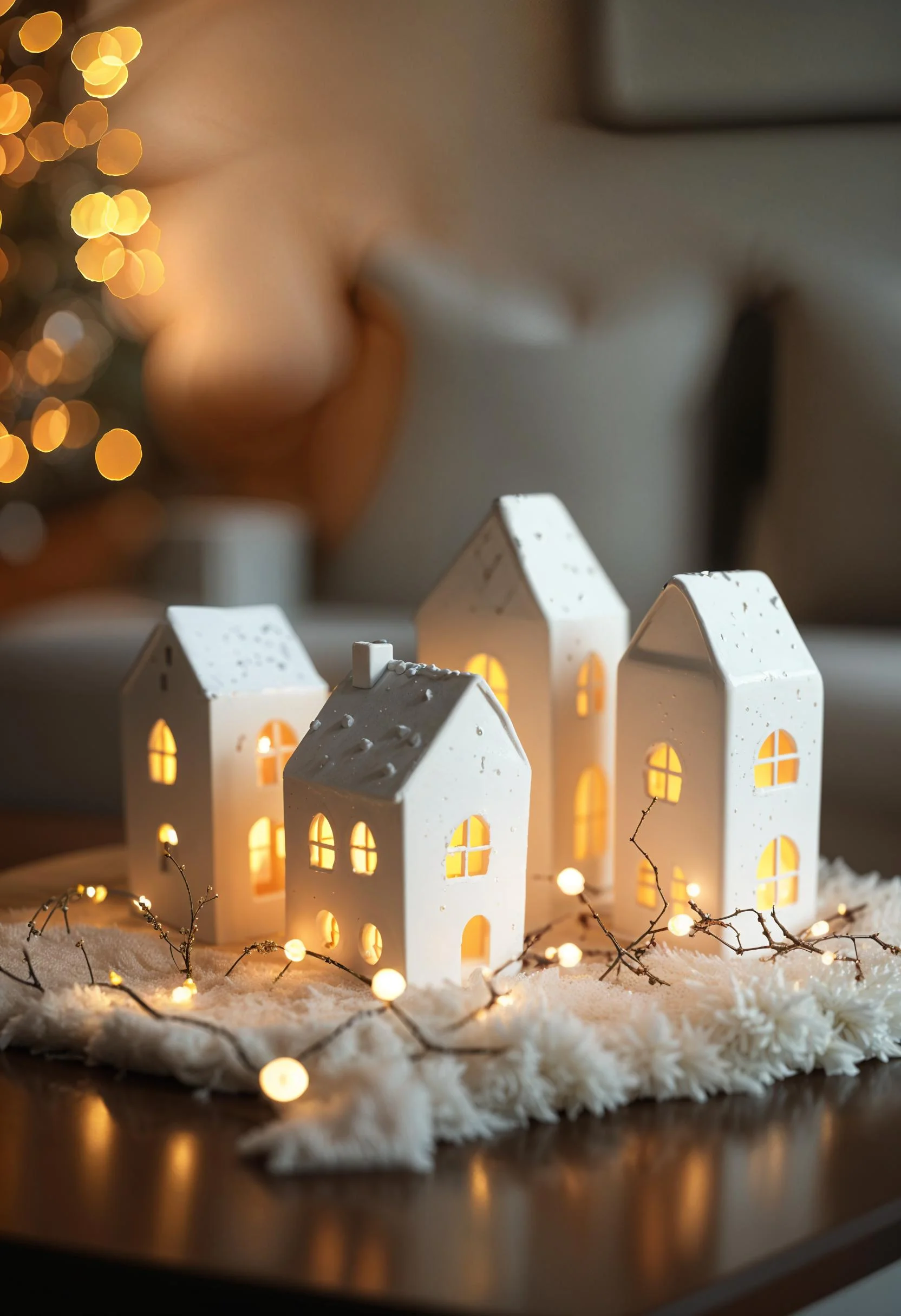 18 Unique Coffee Table Christmas Decor Ideas (EASY) 12 3. Festive Ceramic House Display-2