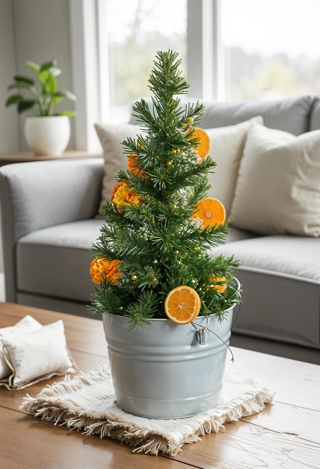 18 Unique Coffee Table Christmas Decor Ideas (EASY) 83 17. Festive Citrus Tabletop Tree Display-1