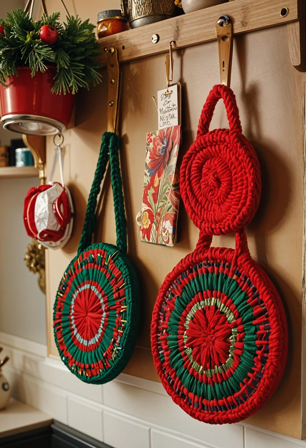 21 Gorgeous Kitchen Christmas Decor Ideas To Copy 27 6. Festive Knitted Pot Holders-1