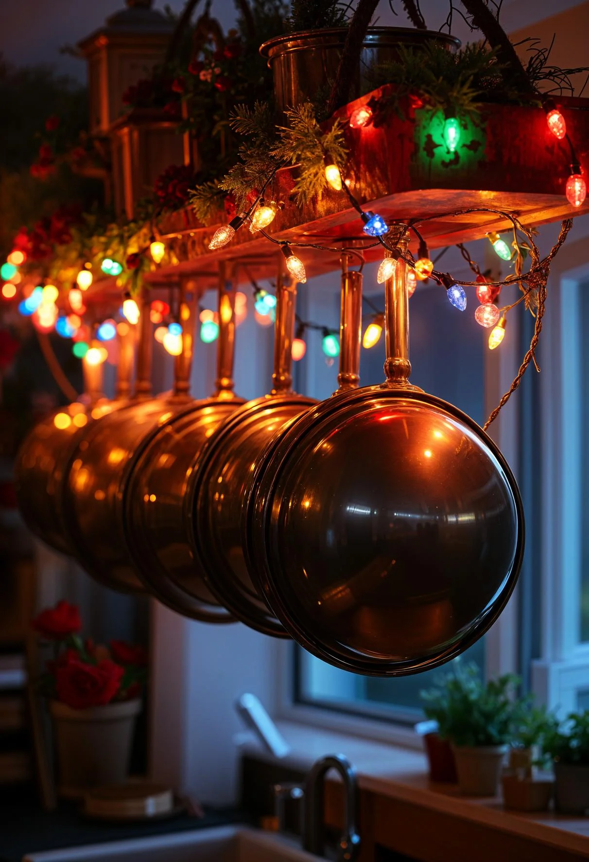 21 Gorgeous Kitchen Christmas Decor Ideas To Copy 14 3. Festive Lights on Hanging Rack-1