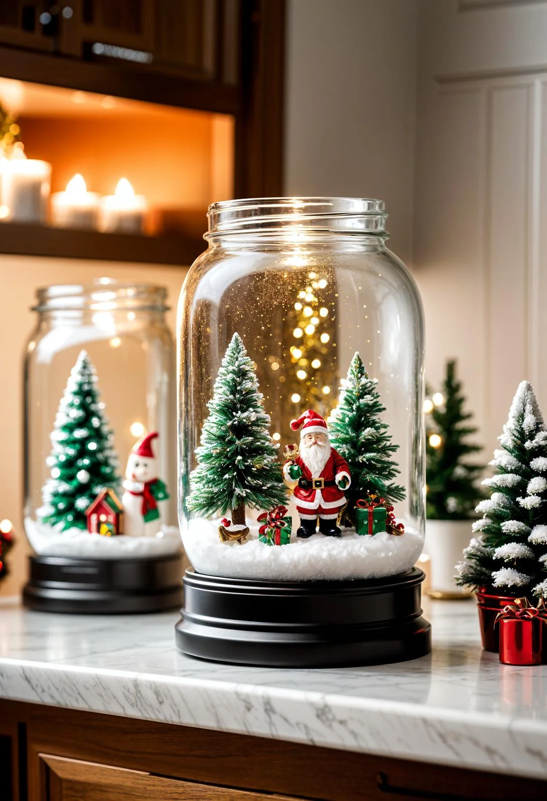 21 Gorgeous Kitchen Christmas Decor Ideas To Copy 3 1. Festive Mason Jar Snow Globes-1