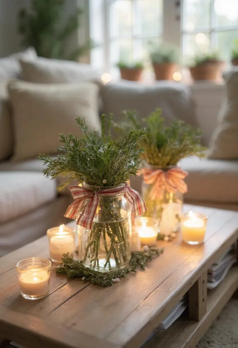 18 Unique Coffee Table Christmas Decor Ideas (EASY) 59 13. Festive Mason Jar Table Decor-0