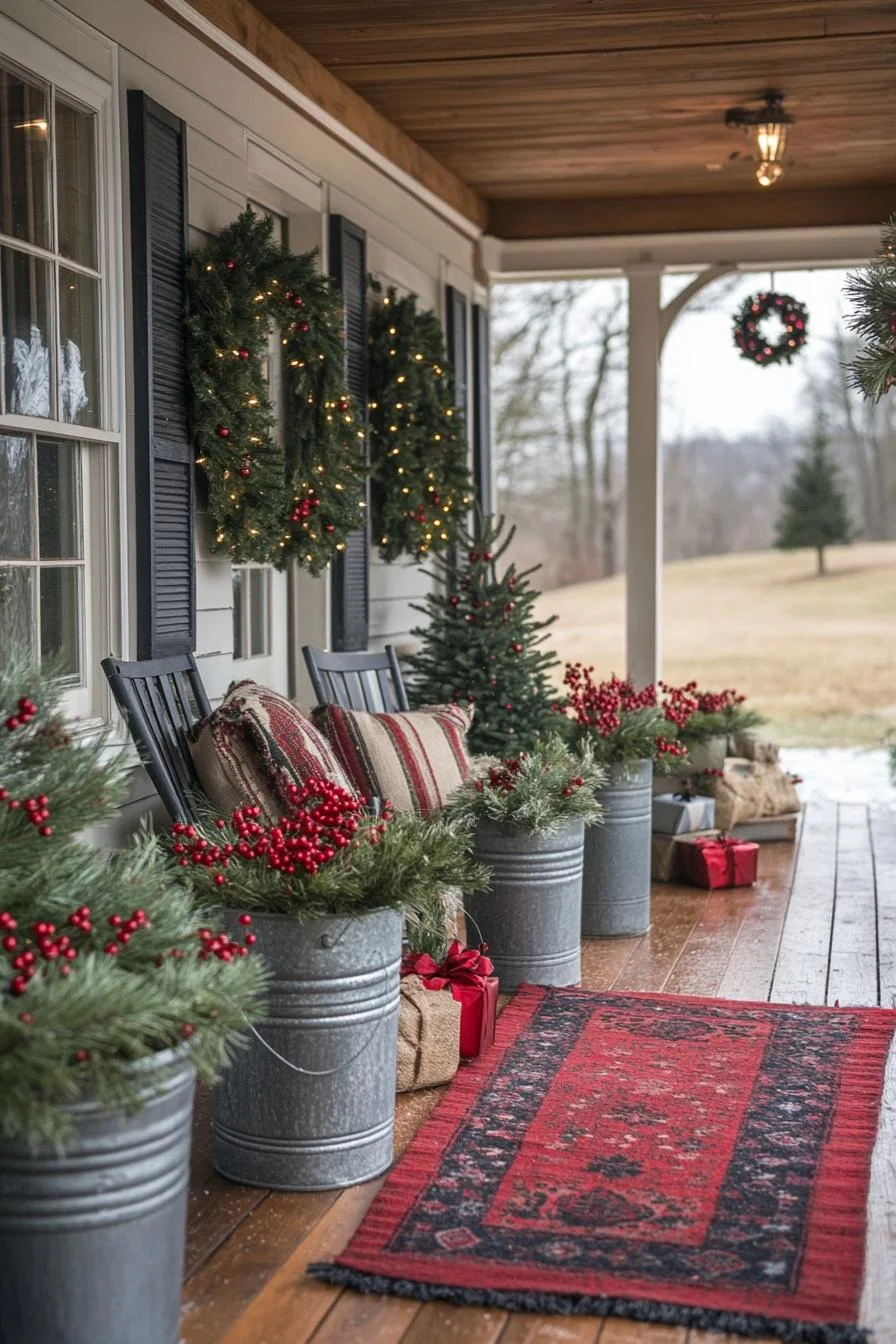 16 Unique Front Porch Christmas Decor Ideas for Holiday Season 36 8. Festive Pine-Filled Galvanized Buckets-1